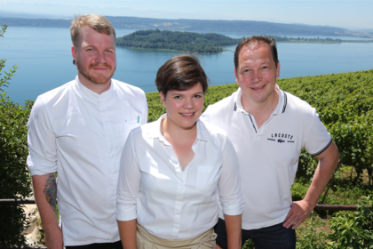 Aprikose und Erbsen an Gurkenjus GaultMillau-Restaurant, Aux Trois Amis, Schernelz BE