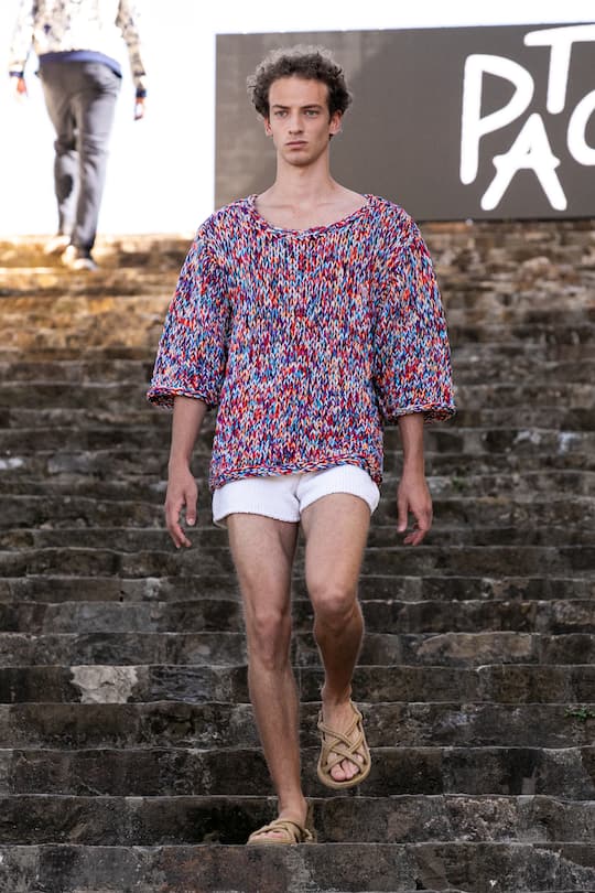 FLORENCE, ITALY - JUNE 30: A model walks the runway at the Sustainable Style fashion show at Fortezza Da Basso on June 30, 2021 in Florence, Italy. (Photo by Claudio Lavenia/Getty Images)
