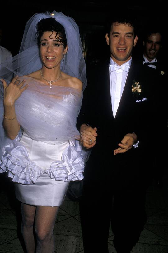 LOS ANGELES - APRIL 30: Actress Rita Wilson and actor Tom Hanks attend their wedding reception on April 30, 1988 at Rex's in Los Angeles, California. (Photo by Ron Galella, Ltd./Ron Galella Collection via Getty Images)