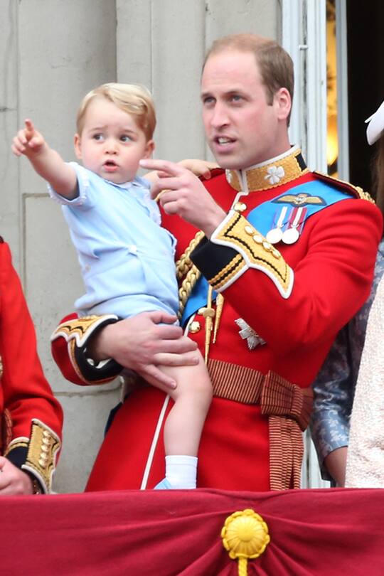 LONDON, ENGLAND - JUNE 13: Prince George of Cambridge and father Prince William, Duke of Cambridge are seen during the annual Trooping The Colour ceremony at Horse Guards Parade on June 13, 2015 in London, England. (Photo by Danny Martindale/WireImage)