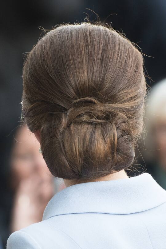 THE HAGUE, NETHERLANDS - OCTOBER 11: Catherine, Duchess of Cambridge, hair detail, arrives at the Mauritshuis to view the exhibition 'At Home in Holland: Vermeer and his Contemporaries from the British Royal Collection' on October 11, 2016 in The Hague, Netherlands. (Photo by Samir Hussein/WireImage)