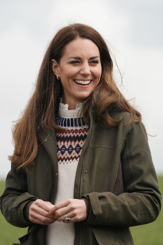 DARLINGTON, ENGLAND - APRIL 27: Catherine, Duchess of Cambridge, laughs during their visit to Manor Farm in Little Stainton, Durham on April 27, 2021 in Darlington, England. (Photo by Owen Humphreys - WPA Pool/Getty Images)