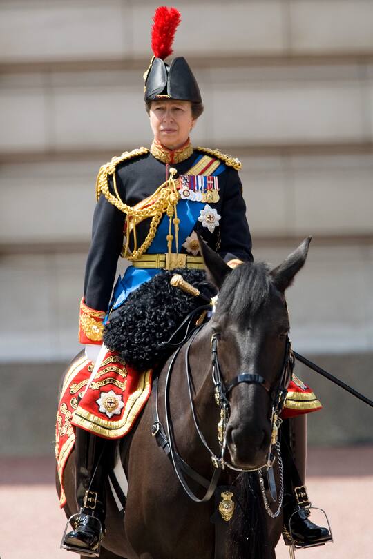 LONDON - JUNE 14: Princess Anne, the Princess Royal as Colonel of the Blues and Royals, in her role as Gold Stick in Waiting, rides in the procession at Trooping The Colour on June 14, 2008 in London, England. The Trooping The Colour is the Queen's Annual Birthday Parade and dates back to the time of Charles II in the 17th Century when the Colours of a regiment were used as a rallying point in battle. (Photo by Tim Graham Photo Library via Getty Images)