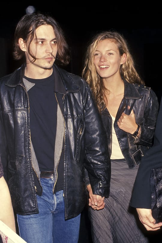 CULVER CITY,CA - FEBRUARY 22:   Actor Johnny Depp and model Kate Moss attend the Richard Tyler's New Fashion Collection and Screening of Johnny Depp's Directorial Debut of Short Film "Banter" to Benefit the Drug Abuse Resistance Education (DARE) on February 22, 1994 at Smashbox Studios in Culver City, California. (photo by Ron Galella, Ltd./Ron Galella Collection via Getty Images)