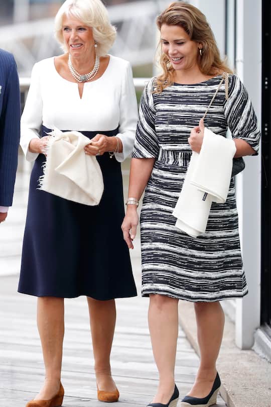 LONDON, UNITED KINGDOM - SEPTEMBER 05: (EMBARGOED FOR PUBLICATION IN UK NEWSPAPERS UNTIL 24 HOURS AFTER CREATE DATE AND TIME) Camilla, Duchess of Cornwall and Princess Haya Bint Al Hussein visit the newly refurbished 'Maiden' Yacht at HMS President on September 5, 2018 in London, England. The 'Maiden' Yacht was used by the first all-female crew to sail in the 1990 Whitbread Round the World Race in which they finished second. (Photo by Max Mumby/Indigo/Getty Images)