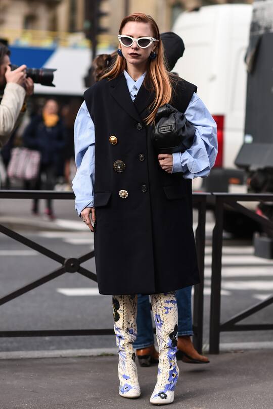 PARIS, FRANCE - MARCH 03: Courtney Trop is seen wearing a Miu Miu outfit outside the Miu Miu show during Paris Fashion Week: AW20 on March 03, 2020 in Paris, France. (Photo by Daniel Zuchnik/Getty Images)