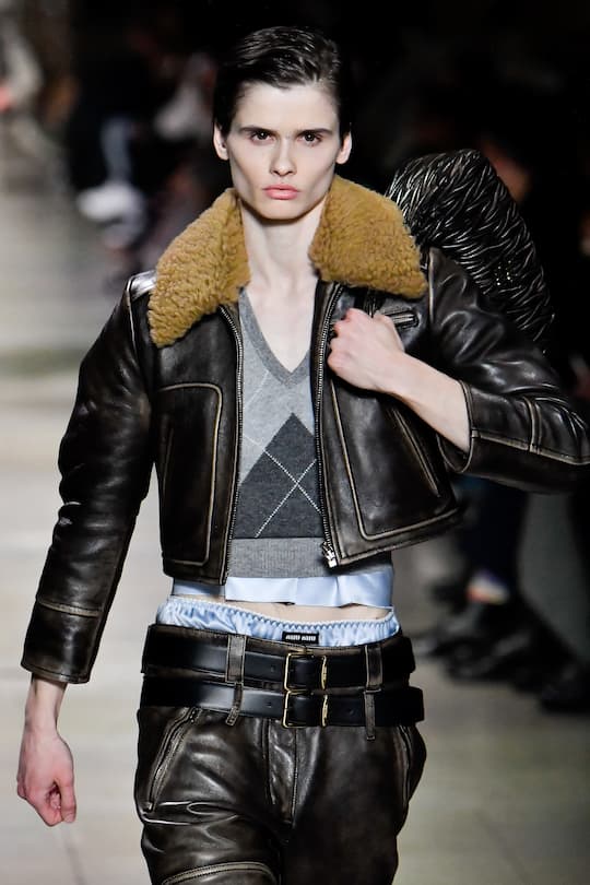 PARIS, FRANCE - MARCH 08: A model walks the runway during the Miu Miu Ready to Wear Fall/Winter 2022-2023 fashion show as part of the Paris Fashion Week on March 8, 2022 in Paris, France. (Photo by Victor VIRGILE/Gamma-Rapho via Getty Images)