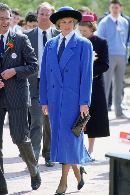 GLASGOW, SCOTLAND - APRIL 29: Princess Diana At The Glasgow Garden Festival. She Is Wearing A Shirt And Tie Underneath A Blue Coat. (Photo by Tim Graham Photo Library via Getty Images)