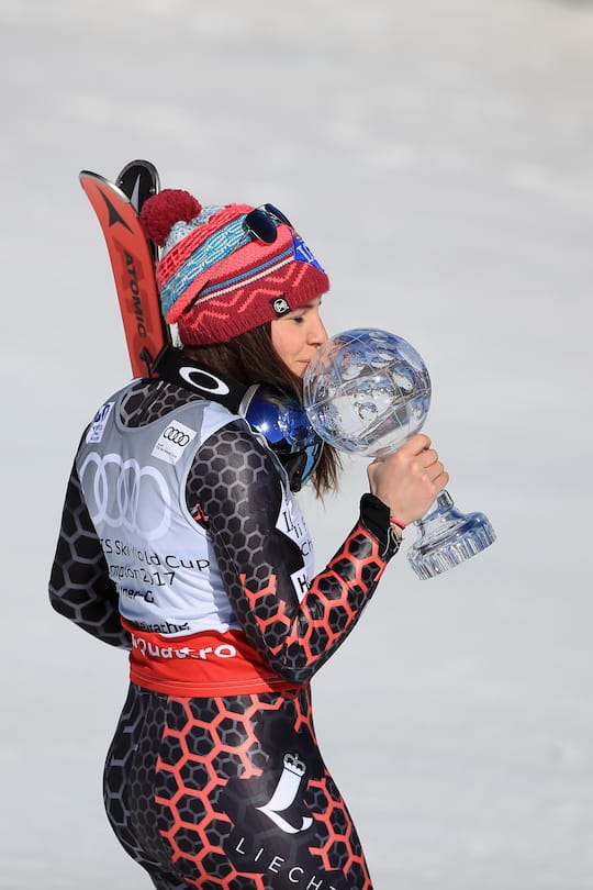 ASPEN, CO - MARCH 16: Tina Weirather of Liechtenstein kisses the globe for winning the overall title for the ladies' Super-G following the ladies' Super-G during the Audi FIS Ski World Cup Finals at Aspen Mountain on March 16, 2017 in Aspen, Colorado. (Photo by Ezra Shaw/Getty Images)