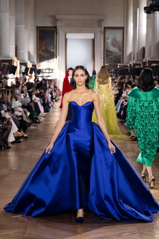A model wearing an original creation from the autumn summer 2025 Haute Couture collections from the house of Georges Hobeika