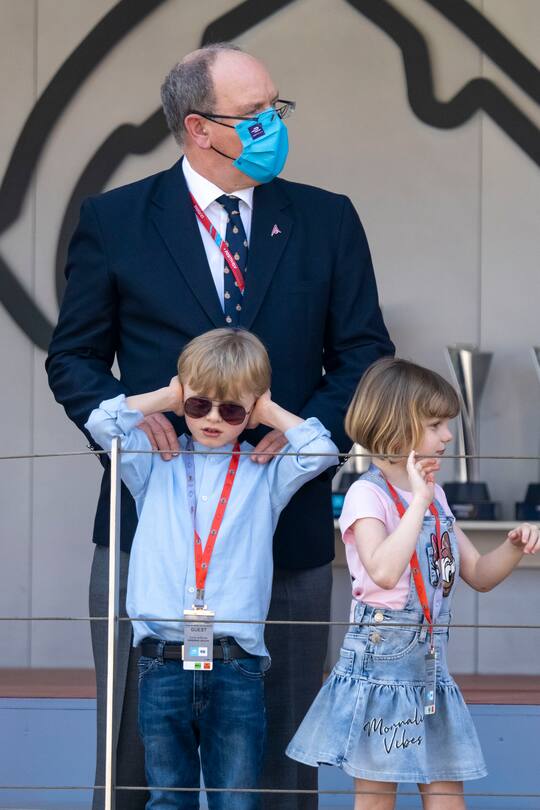 MONACO, MONACO - MAY 08: HSH Prince Albert II of Monaco, Prince Jacques and Princess Gabriella attends the ABB FIA Formula E Monaco E-Prix on May 08, 2021 in Monaco, Monaco. (Photo by Arnold Jerocki/WireImage)