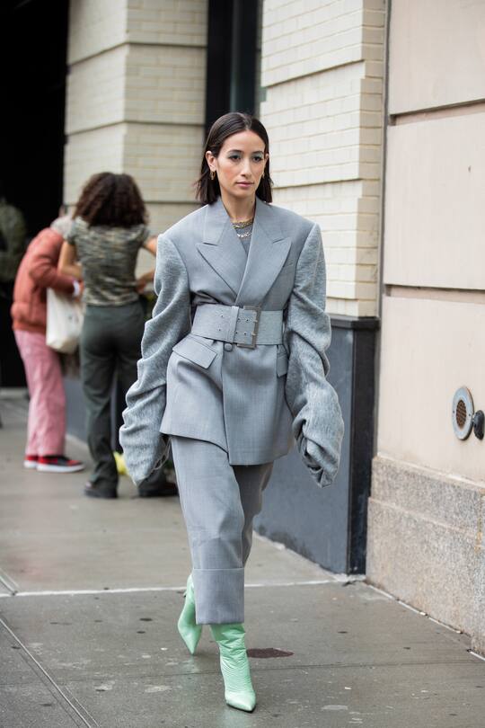 NEW YORK, NEW YORK - FEBRUARY 11: Alexandra Guerrain is seen wearing grey blazer with long sleeves and pants outside Sally LaPointe during New York Fashion Week Fall / Winter on February 11, 2020 in New York City. (Photo by Christian Vierig/Getty Images)