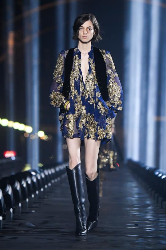 PARIS, FRANCE - SEPTEMBER 24: A model walks the runway during the Saint Laurent Womenswear Spring/Summer 2020 show as part of Paris Fashion Week on September 24, 2019 in Paris, France. (Photo by Stephane Cardinale - Corbis/Corbis via Getty Images)
