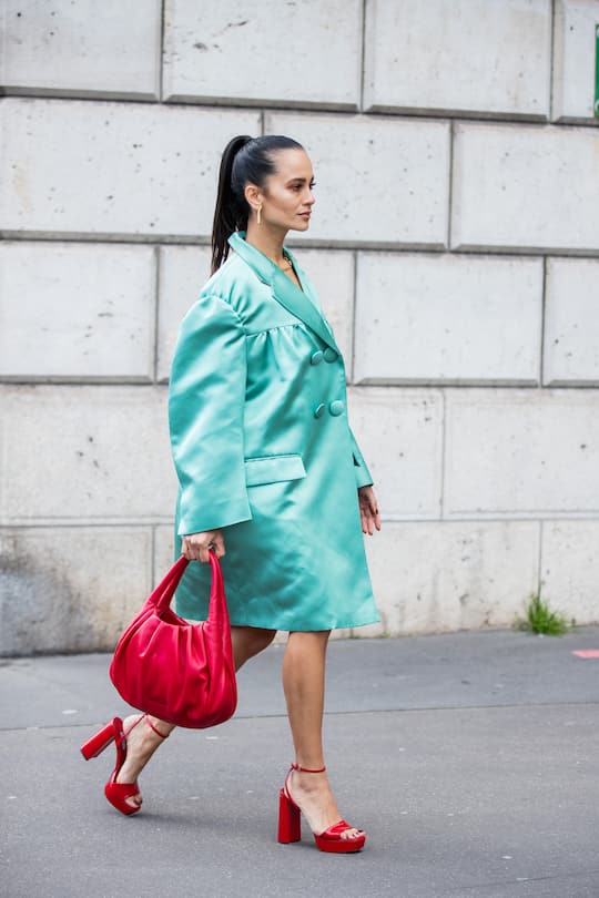 PARIS, FRANCE - MARCH 03: Anna Rosa Vitiello is seen wearing turquoise coat, red coat outside Miu Miu during Paris Fashion Week - Womenswear Fall/Winter 2020/2021 : Day Nine on March 03, 2020 in Paris, France. (Photo by Christian Vierig/Getty Images)