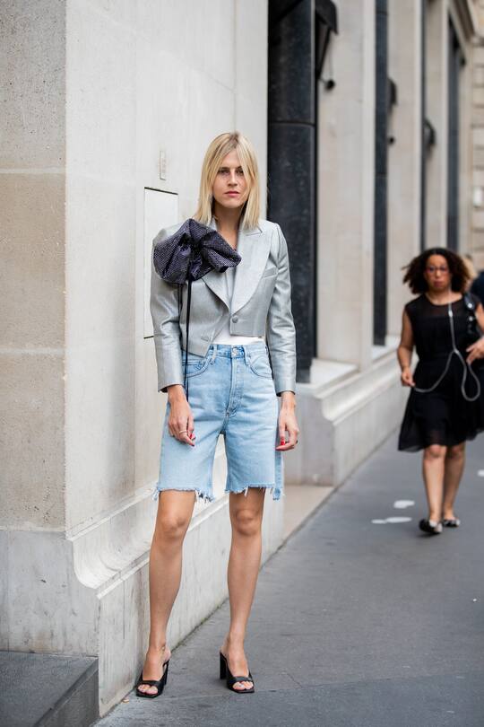 PARIS, FRANCE - JULY 01: Linda Tol is seen wearing jeans shorts, grey cropped blazer outside Schiaparelli during Paris Fashion Week - Haute Couture Fall/Winter 2019/2020 on July 01, 2019 in Paris, France. (Photo by Christian Vierig/Getty Images)