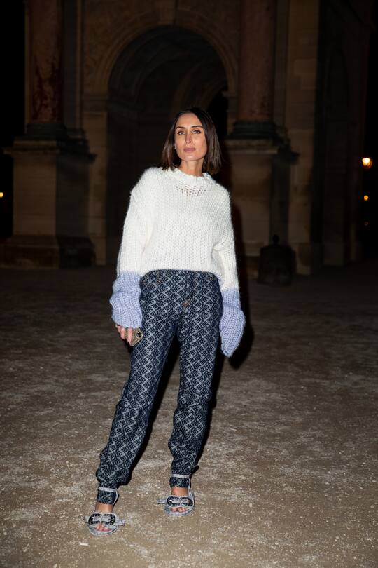 PARIS, FRANCE - JANUARY 19: Geraldine Boublil seen wearing white knit outside Acne during Paris Fashion Week - Menswear F/W 2020-2021 on January 19, 2020 in Paris, France. (Photo by Christian Vierig/Getty Images)