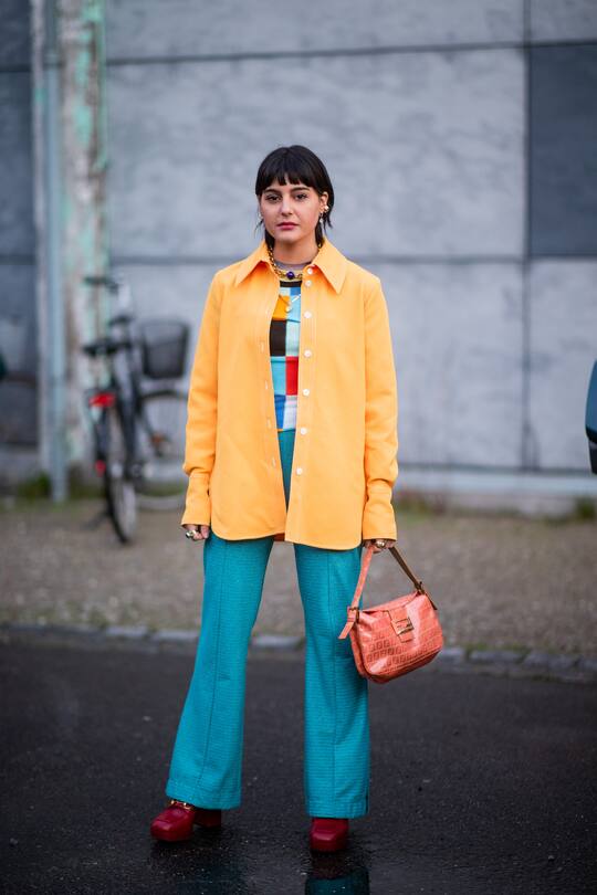 COPENHAGEN, DENMARK - JANUARY 29: Maria Bernad seen wearing turquois pants and yellow jacket outside Stine Goya during Copenhagen Fashion Week Autumn/Winter 2020 Day 2 on January 29, 2020 in Copenhagen, Denmark. (Photo by Christian Vierig/Getty Images)