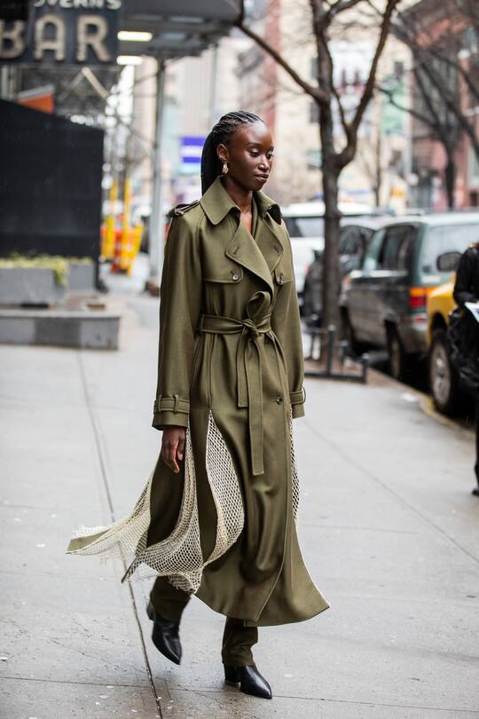 NEW YORK, NEW YORK - FEBRUARY 11: A guest is seen wearing green coat outside Gabriela Hearst during New York Fashion Week Fall / Winter on February 11, 2020 in New York City. (Photo by Christian Vierig/Getty Images)