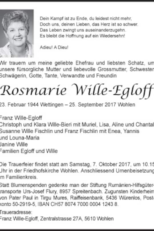 Todesanzeige Mutter von Susanne Wille