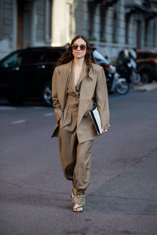 MILAN, ITALY - FEBRUARY 22: Erika Boldrin is seen wearing brown suit outside Ferragamo during Milan Fashion Week Fall/Winter 2020-2021 on February 22, 2020 in Milan, Italy. (Photo by Christian Vierig/Getty Images)