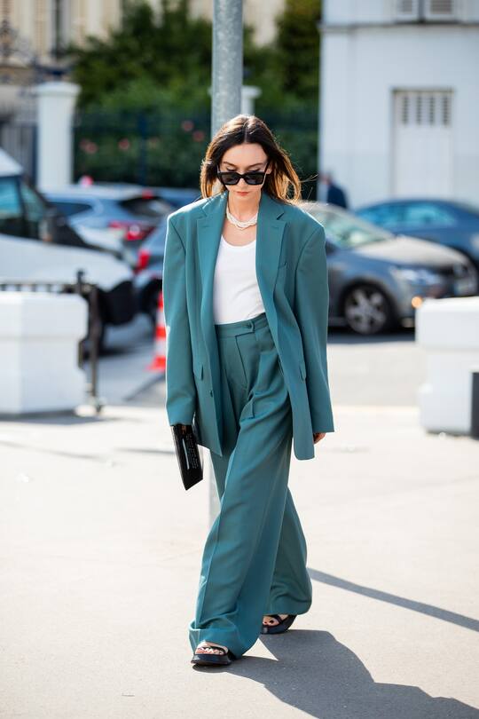 PARIS, FRANCE - JUNE 30: Beatrice Gutu is seen wearing turqouis suit outside Acne during Paris Fashion Week - Haute Couture Fall/Winter 2019/2020 on June 30, 2019 in Paris, France. (Photo by Christian Vierig/Getty Images)