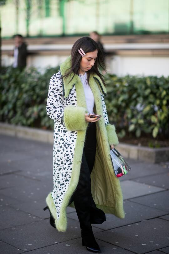 LONDON, ENGLAND - FEBRUARY 19: A guest is seen wearing shearling coat outside Shrimps during London Fashion Week February 2019 on February 19, 2019 in London, England. (Photo by Christian Vierig/Getty Images)