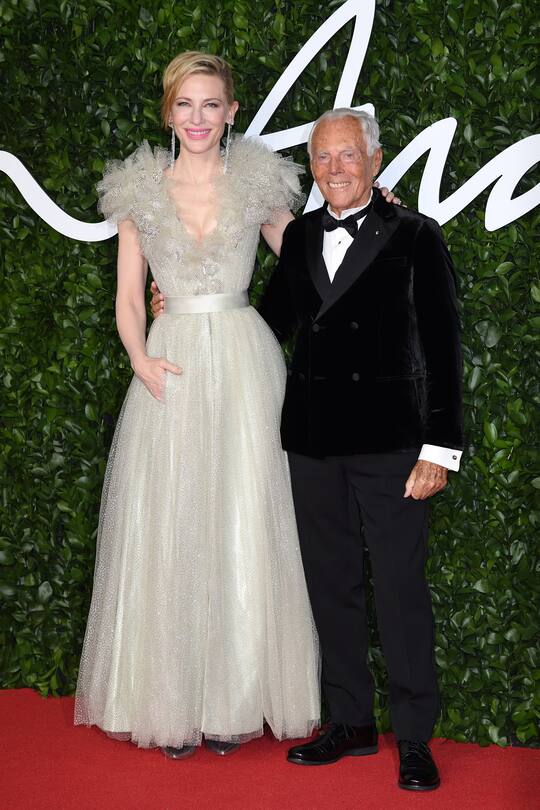 LONDON, ENGLAND - DECEMBER 02: Cate Blanchett and Giorgio Armani attend The Fashion Awards 2019 at the Royal Albert Hall on December 02, 2019 in London, England. (Photo by Karwai Tang/WireImage)