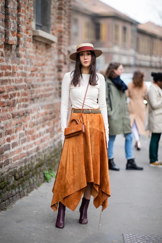 PARIS, FRANCE - FEBRUARY 27: Erika Boldrin (R) wears a turtleneck, a grey jacket with apparent white seams, a purple puff bag ; Blanca Miro (L) wears a black hat, a grey sleeveless vest, grey pants, a red puff bag, outside Maison Margiela, during Paris Fashion Week Womenswear Fall/Winter 2019/2020, on February 27, 2019 in Paris, France. (Photo by Edward Berthelot/Getty Images)