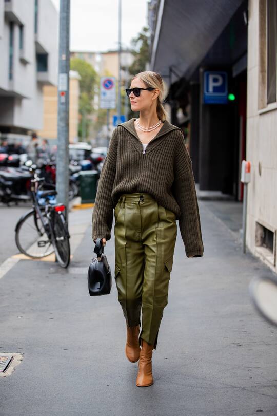 MILAN, ITALY - SEPTEMBER 19: Linda Tol is seen wearing green khaki knit with zip, pants, brown ankle boots outside the Max Mara show during Milan Fashion Week Spring/Summer 2020 on September 19, 2019 in Milan, Italy. (Photo by Christian Vierig/Getty Images)