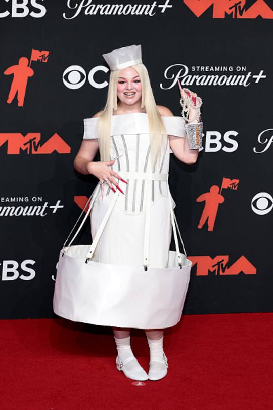 ELMONT, NEW YORK - SEPTEMBER 07: Megan Stalter attends the 2025 MTV Video Music Awards at UBS Arena on September 07, 2025 in Elmont, New York. (Photo by Dimitrios Kambouris/Getty Images)