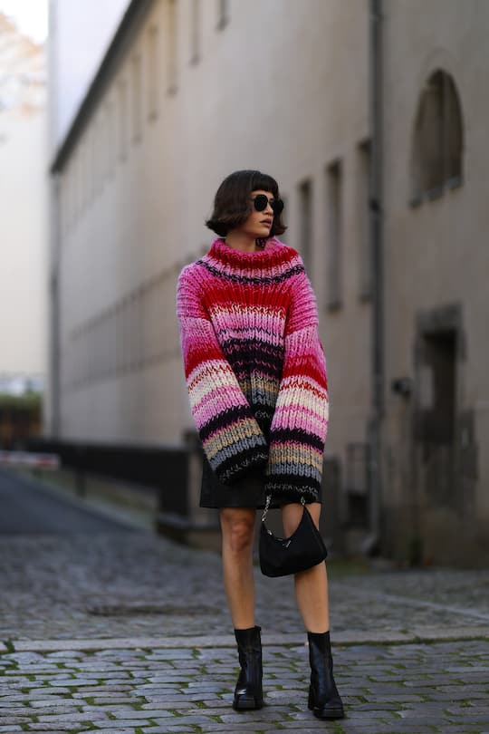 BERLIN, GERMANY - NOVEMBER 05: Lea Naumann wearing Prada bag, Blanche sweater, Chanel shades, Zalando skirt and Vagabond boots on November 05, 2020 in Berlin, Germany. (Photo by Jeremy Moeller/Getty Images)