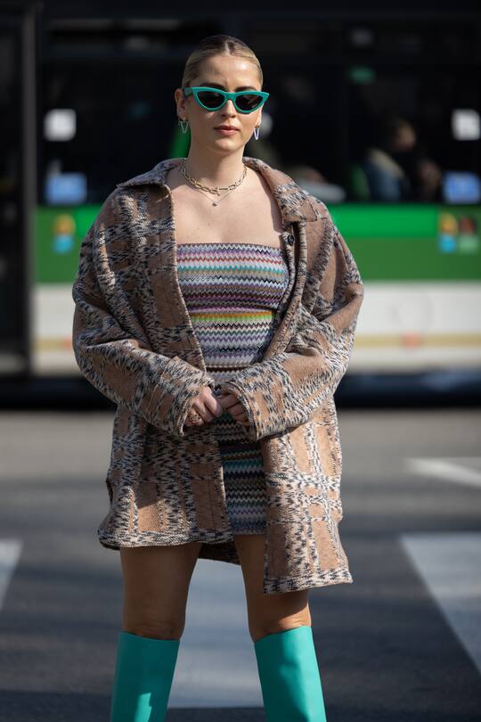MILAN, ITALY - FEBRUARY 25: Valentina Ferragni poses ahead of the Missoni fashion show wearing celeste boots during the Milan Fashion Week Fall/Winter 2022/2023 on February 25, 2022 in Milan, Italy. (Photo by Valentina Frugiuele/Getty Images)