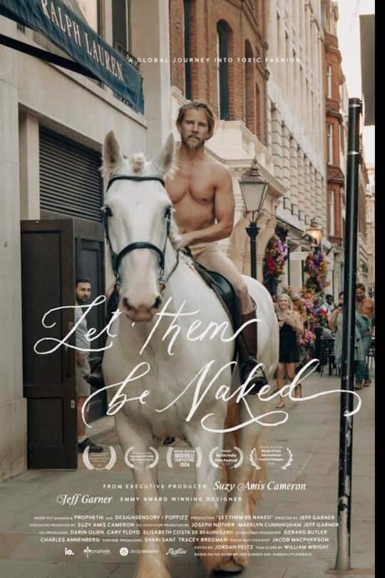 a film poster with a topless man riding a horse in a city