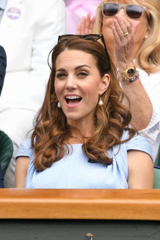 LONDON, ENGLAND - JULY 14: Catherine, Duchess of Cambridge in the Royal Box on Centre court during Men's Finals Day of the Wimbledon Tennis Championships at All England Lawn Tennis and Croquet Club on July 14, 2019 in London, England. (Photo by Karwai Tang/Getty Images)