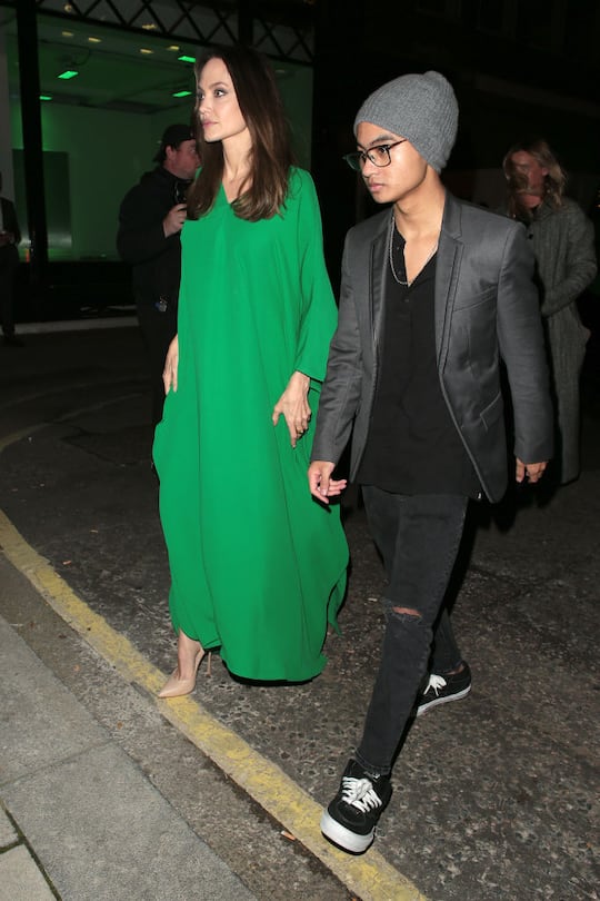 LONDON, ENGLAND - OCTOBER 27: Angelina Jolie and Maddox Chivan Jolie-Pitt seen attending The Eternals - UK film premiere afterparty at Maison Estelle on October 27, 2021 in London, England. (Photo by Ricky Vigil M/GC Images)