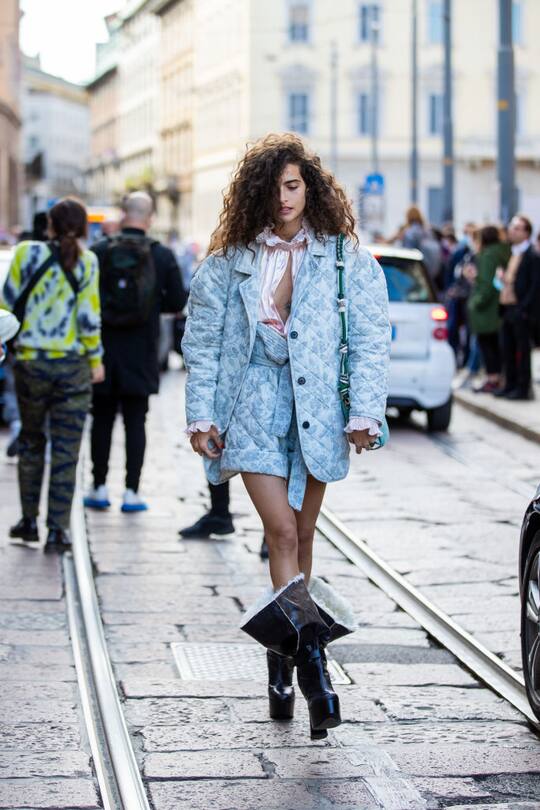 MILAN, ITALY - SEPTEMBER 26: Chiara Scelsi wearing blue shorts, jacket outside Philosophy during the Milan Women's Fashion Week on September 26, 2020 in Milan, Italy. (Photo by Christian Vierig/Getty Images)