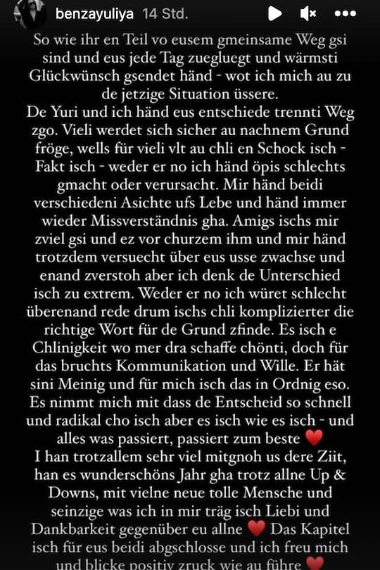 In ihrer Instagram-Story verkündet Yuliya Benza, dass sie und Yuri sich getrennt haben.