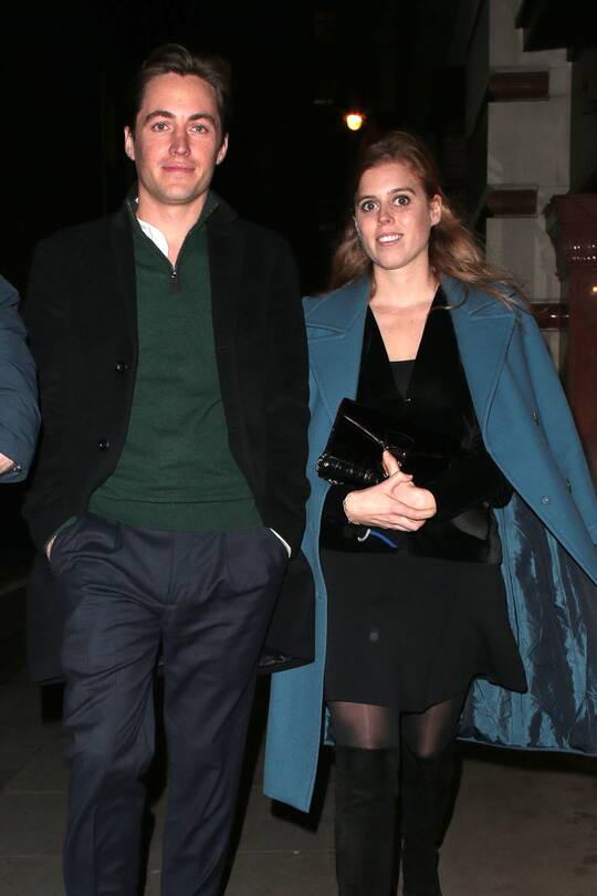 LONDON, ENGLAND - NOVEMBER 26: Edoardo Mapelli Mozzi and Prinld acess Beatrice of York seen leaving Fayre of St James Christmas Carol Concert het St James's Church on November 26, 2019 in London, England. (Photo by Ricky Vigil M/GC Images)