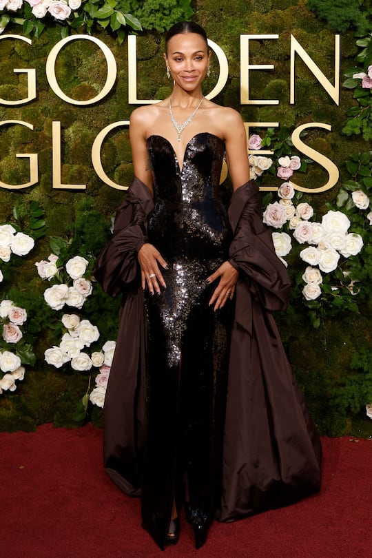 BEVERLY HILLS, CALIFORNIA - JANUARY 05: Zoe Saldana attends the 2025 Golden Globe Awards at The Beverly Hilton on January 05, 2025 in Beverly Hills, California. (Photo by Taylor Hill/FilmMagic)