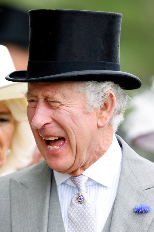ASCOT, UNITED KINGDOM - JUNE 20: (EMBARGOED FOR PUBLICATION IN UK NEWSPAPERS UNTIL 24 HOURS AFTER CREATE DATE AND TIME) (EDITORS NOTE: This image has been converted to black and white) King Charles III attends day one of Royal Ascot 2023 at Ascot Racecourse on June 20, 2023 in Ascot, England. (Photo by Max Mumby/Indigo/Getty Images)