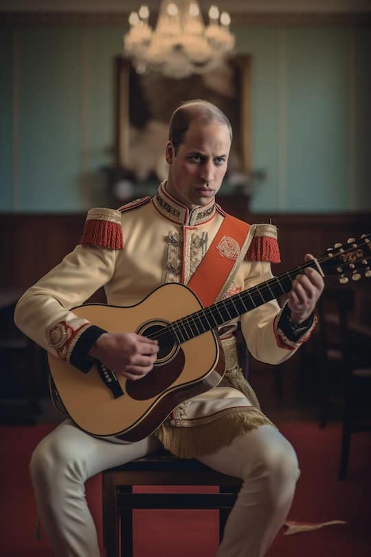 Prinz William in Uniform beim Gitarre spielen.