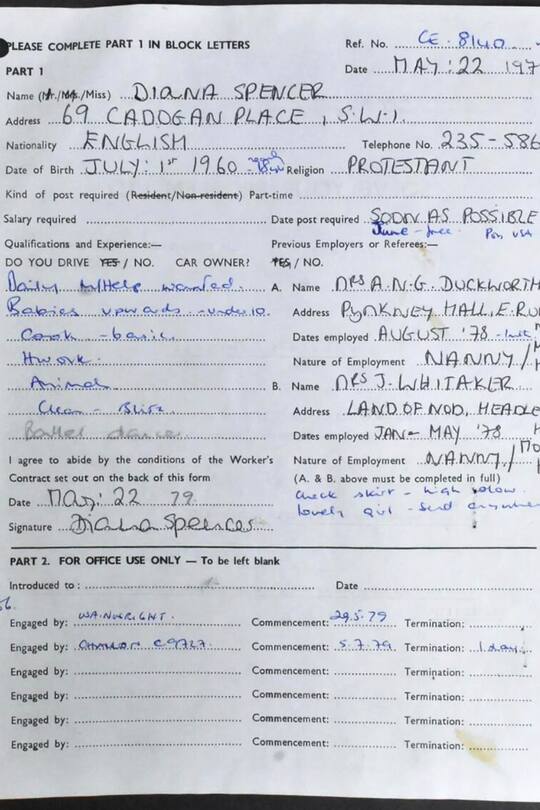 Mit diesem Formular bewarb sich Prinzessin Diana einst für eine Stelle als Nanny.