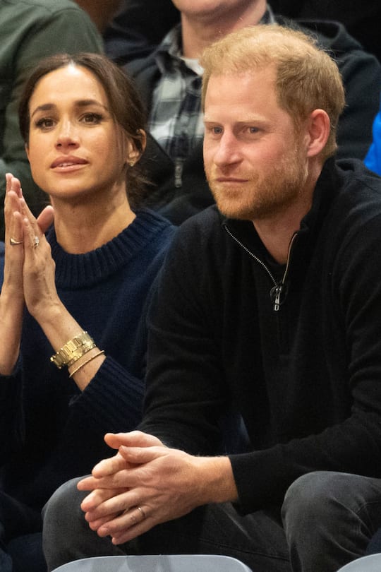 VANCOUVER, BRITISH COLUMBIA - FEBRUARY 09: Prince Harry, Duke of Sussex and Meghan, Duchess of Sussex attend the Wheelchair Basketball final between USA and Israel during day one of the 2025 Invictus Games at on February 09, 2025 in Vancouver, British Columbia. (Photo by Samir Hussein/WireImage)