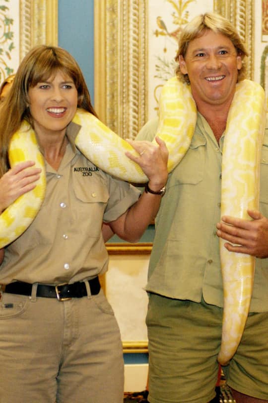Terry Irwin and Steve Irwin talk about their film "Crocodile Hunter: Collision Course" at 2002 ShoWest in Las Vegas, Nevada. (Photo by Denise Truscello/WireImage)