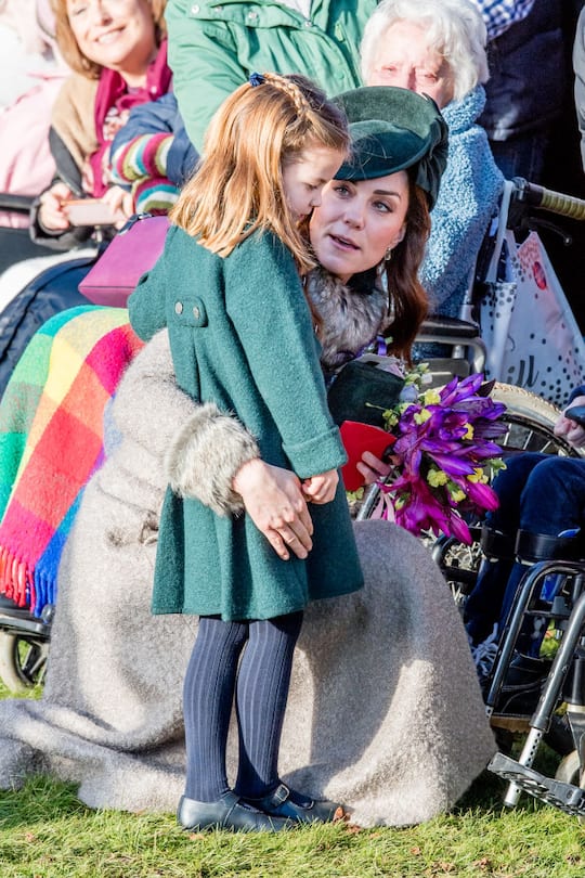 KING'S LYNN, ENGLAND - DECEMBER 25: Catherine, Duchess of Cambridge and Princess Charlotte of Cambridge attend the Christmas Day Church service at Church of St Mary Magdalene on the Sandringham estate on December 25, 2019 in King's Lynn, United Kingdom. (Photo by Pool/Samir Hussein/WireImage)