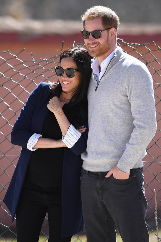 ASNI, MOROCCO - FEBRUARY 24: (UK OUT FOR 28 DAYS) Prince Harry, Duke of Sussex and Meghan, Duchess of Sussex visit a local secondary school meeting students and teachers on February 24, 2019 in Asni, Morocco. (Photo by Pool/Samir Hussein/WireImage)