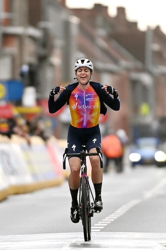 WEVELGEM, BELGIUM - MARCH 26: Marlen Reusser of Switzerland and Team SD Worx celebrates at finish line as race winner during the 12th Gent-Wevelgem In Flanders Fields 2023, Women's Elite a 162.5km one day race from Ypres to Wevelgem/ #UCIWWT / on March 26, 2023 in Wevelgem, Belgium. (Photo by Tim de Waele/Getty Images)
