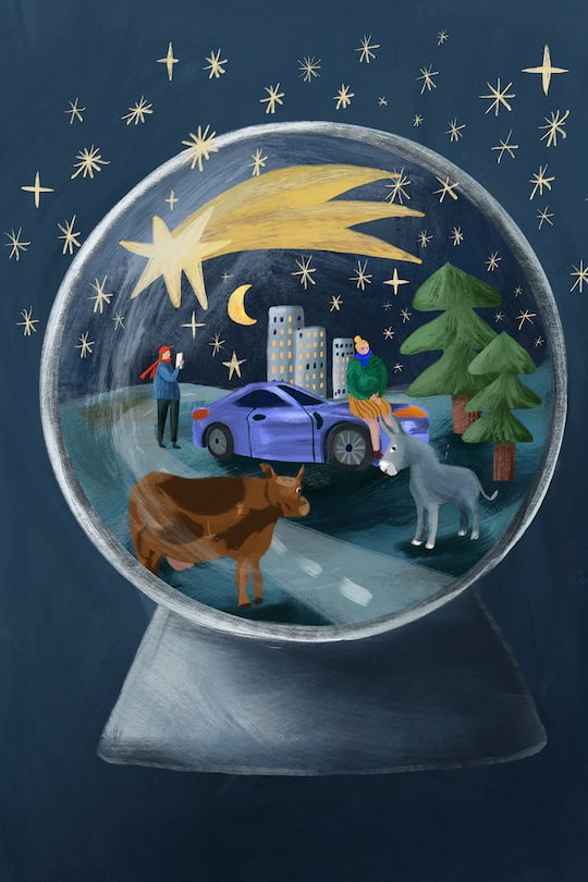 «Wo wir sind? Auf einer Wiese. Da steht eine Kuh. Und ein Esel. Ich schick dir den Standort.»