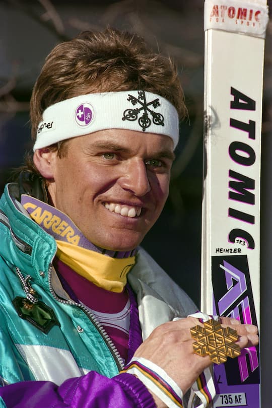 <p>Die Karriere vergoldet: Nach drei vierten Plätzen wird Heinzer 1991 in Saalbach Abfahrtsweltmeister.</p>