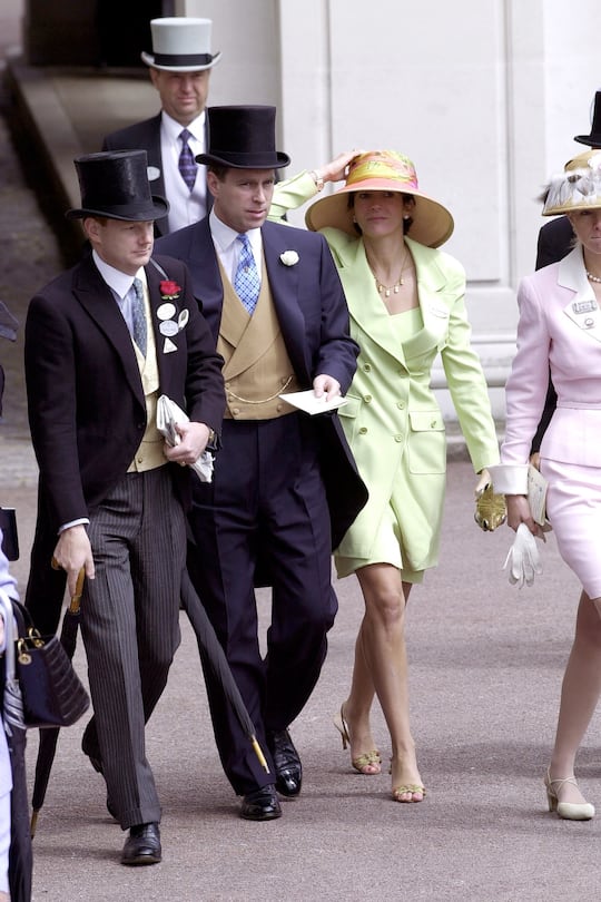 ASCOT, UNITED KINGDOM - JUNE 22: Royal Ascot Race Meeting Thursday - Ladies Day. Prince Andrew, Duke Of York and Ghislaine Maxwell At Ascot. With them are Edward (far left) and Caroline Stanley (far right), the Earl and Countess of Derby. (Photo by Tim Graham Photo Library via Getty Images)